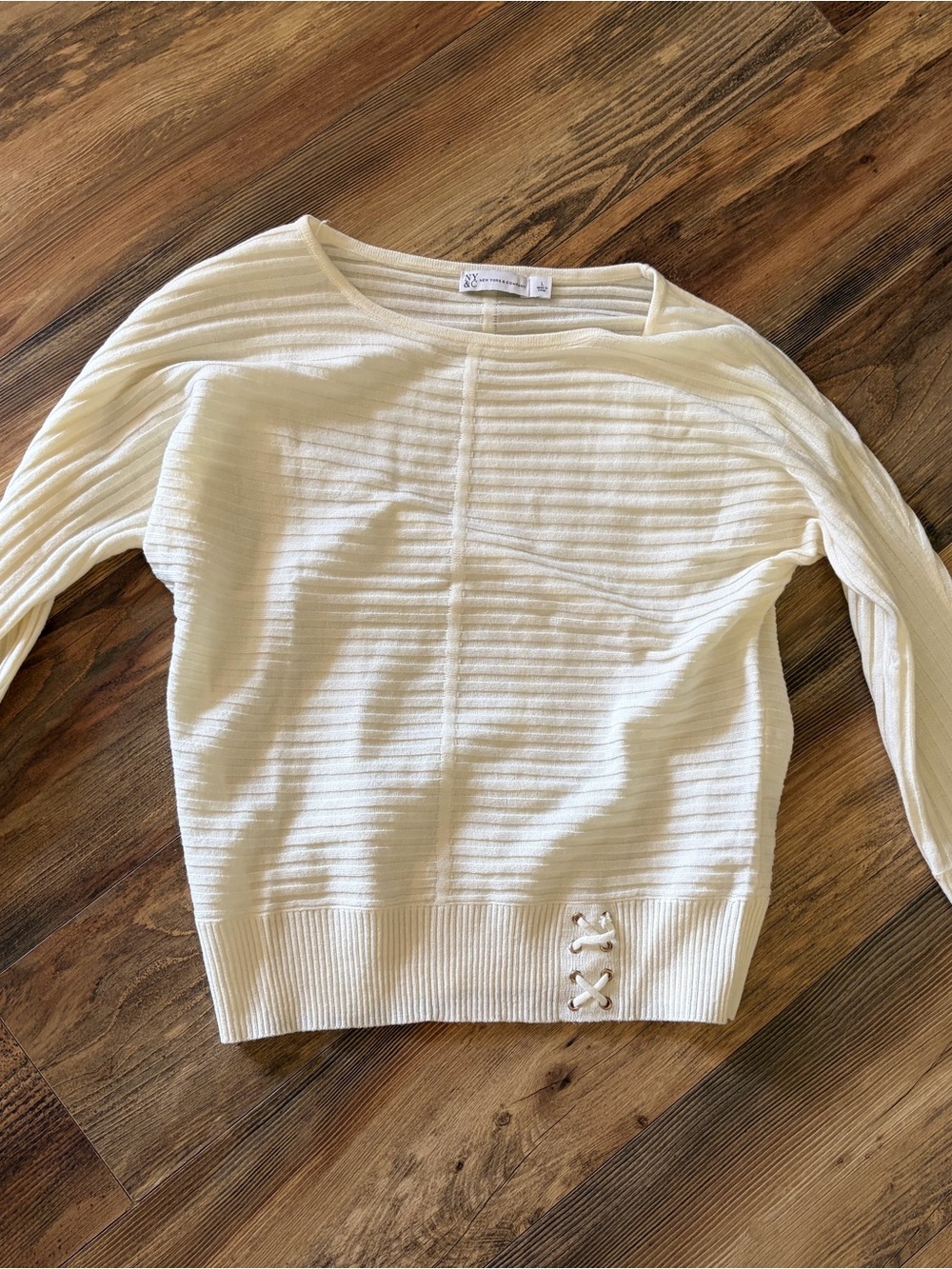 New York & Company Cream Ribbed Boatneck Sweater with Side Lace Detail